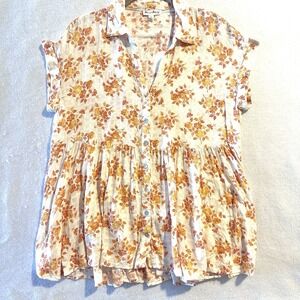 Jane Delancey M Medium Floral Window Pane Button‎ Blouse Top Cap Short Sleeve